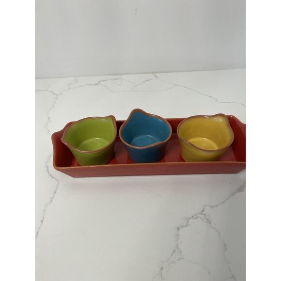 Pier One Terracotta Pottery Condiments Tray, 3 Bowls Hostess Gift, Occasions - Picture 2 of 9
